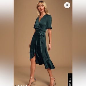 Lulus Wrapped Up In Love Dark Green Satin Faux-Wrap Midi Dress in XS